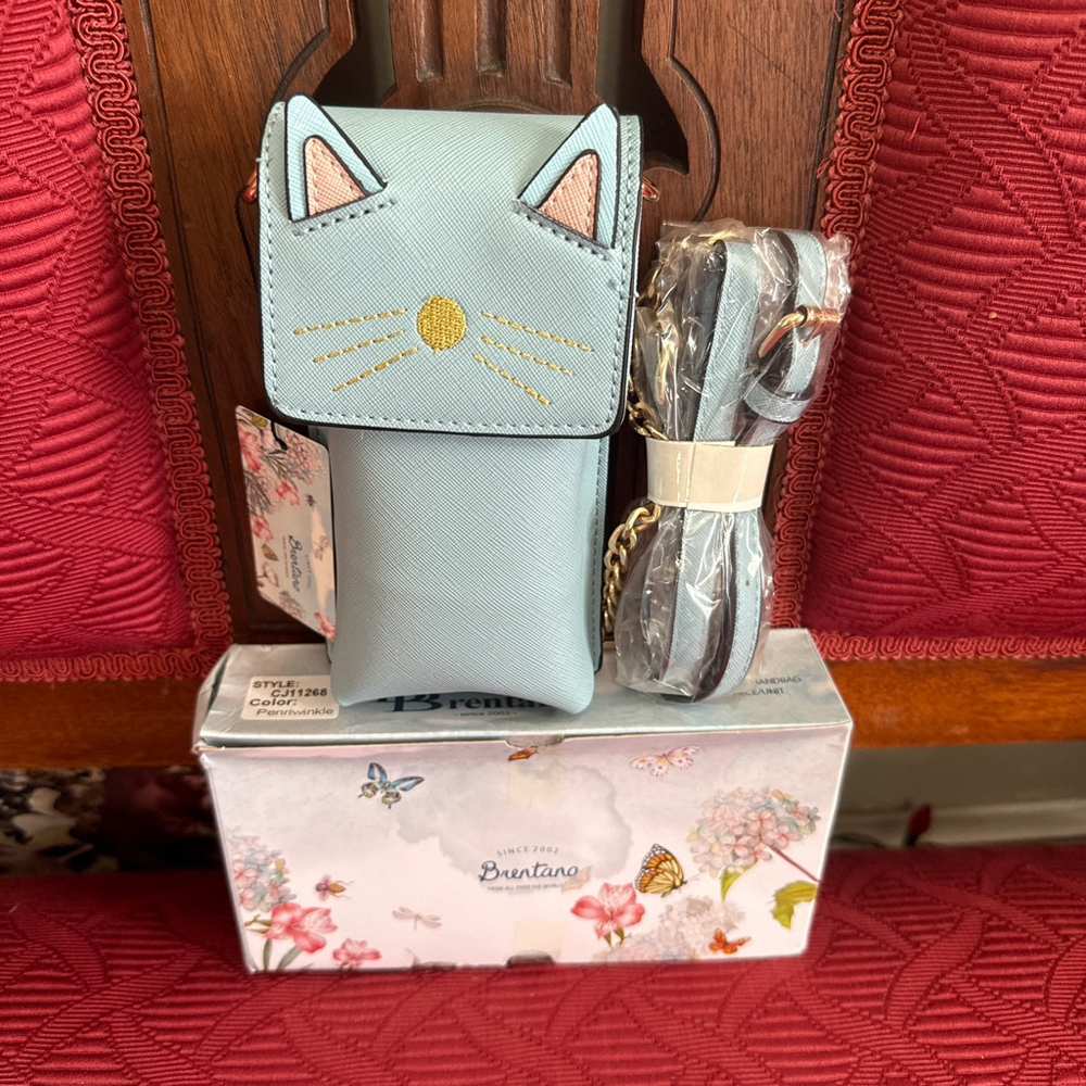 Brentano Cat Design Phone Crossbody Bag Periwinkle Light Blue with Adjust Strap
